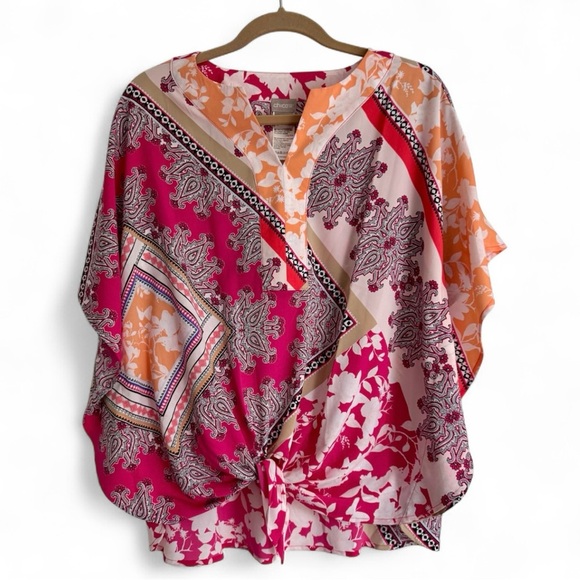 NWT Chico’s Flutter Sleeve Tie Front Top Multi Print Blouse Size 1 (US 8/10) - Picture 1 of 7
